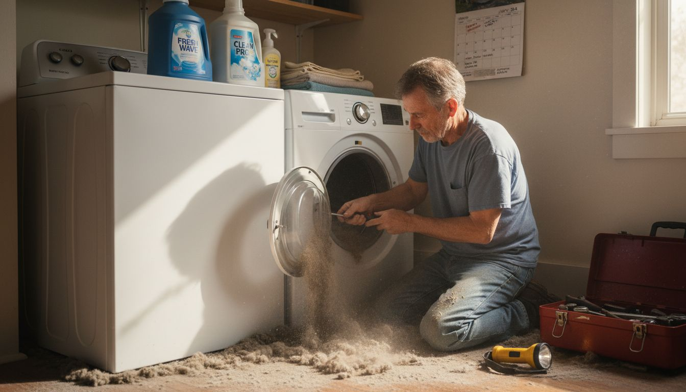 Man performing washer dryer routine maintenance