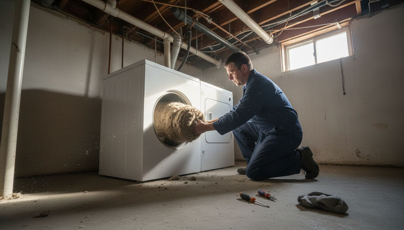 Technician cleaning lint from dryer vent