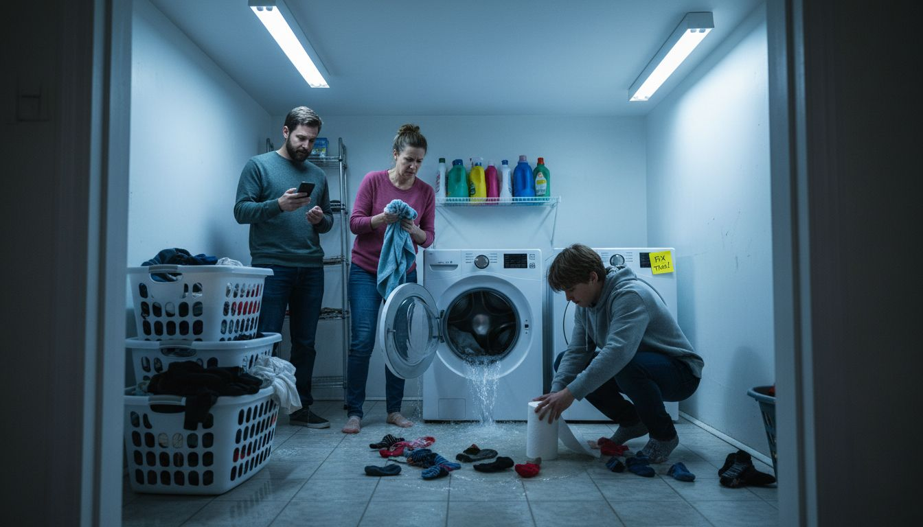 Family dealing with washing machine leak