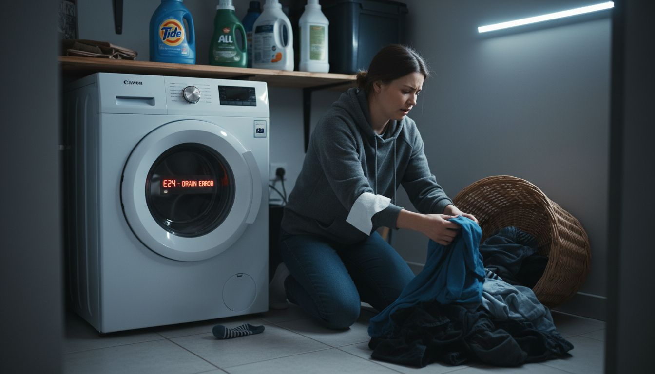 Woman dealing with broken washing machine