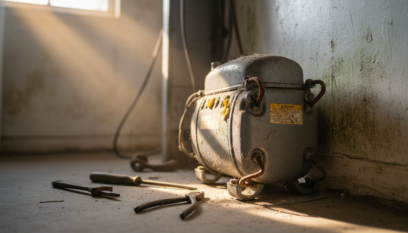 Close-up of compressor behind refrigerator