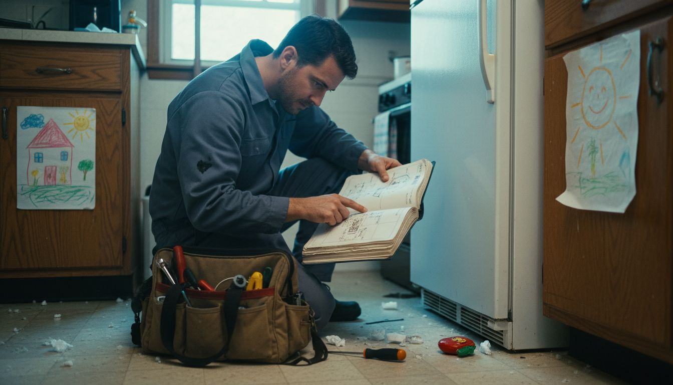 Technician repairing refrigerator with tools and manual