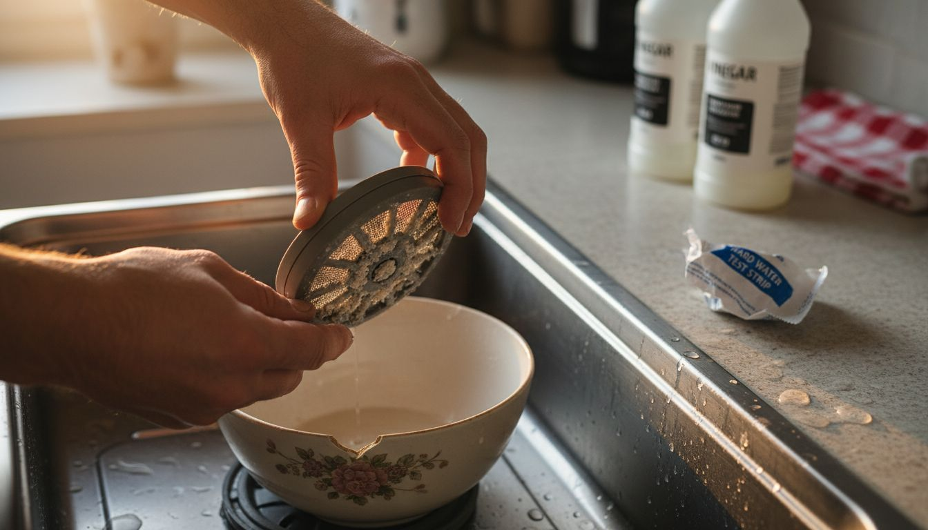 Hands cleaning dishwasher filter with mineral buildup