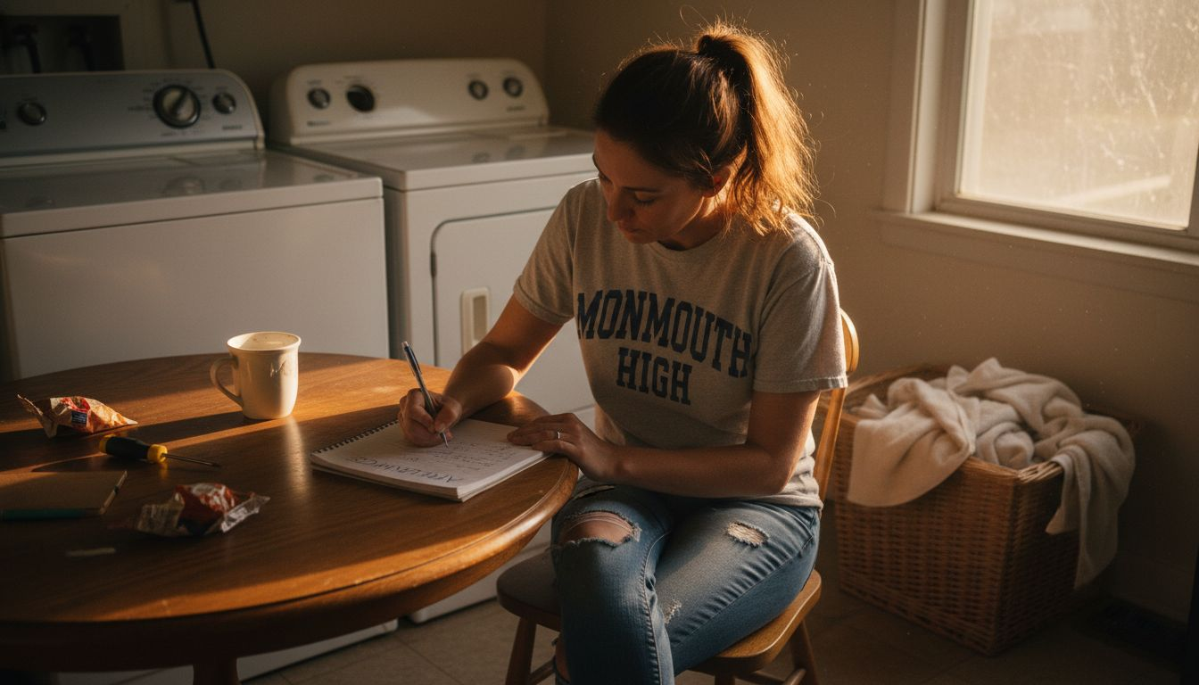 Woman updating appliance maintenance log at table