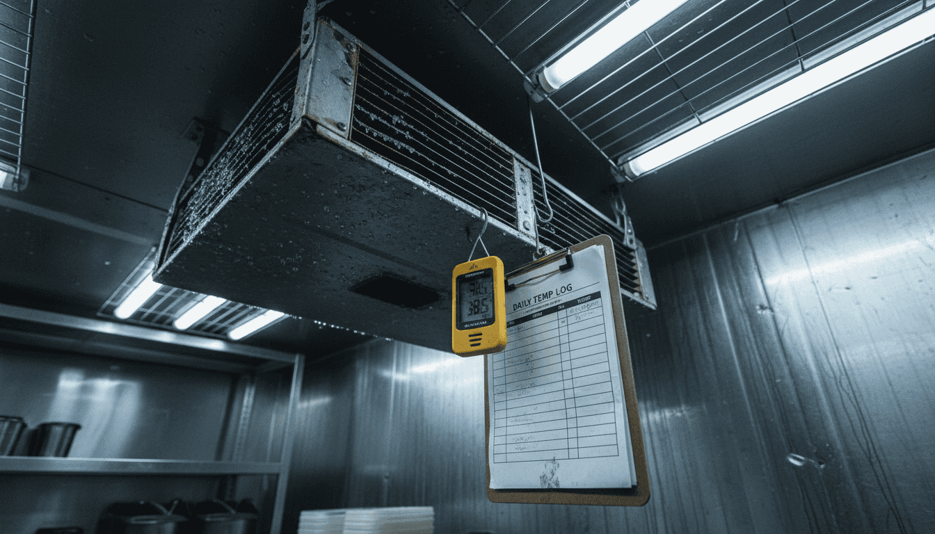 Close-up evaporator coils in commercial cooler