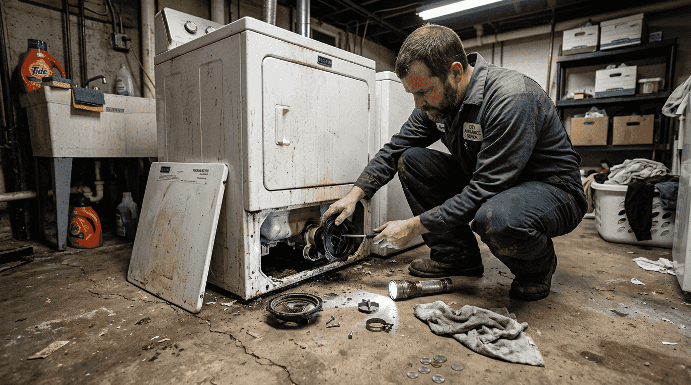Technician repairing clogged washing machine pump