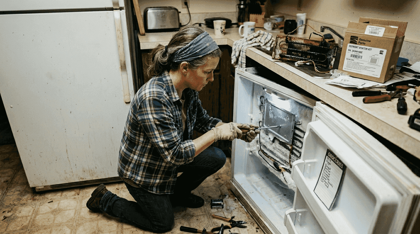 Woman replacing freezer defrost heater