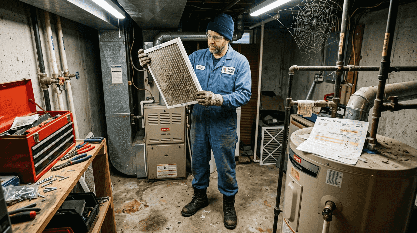 Technician checks dirty furnace filter and energy bill