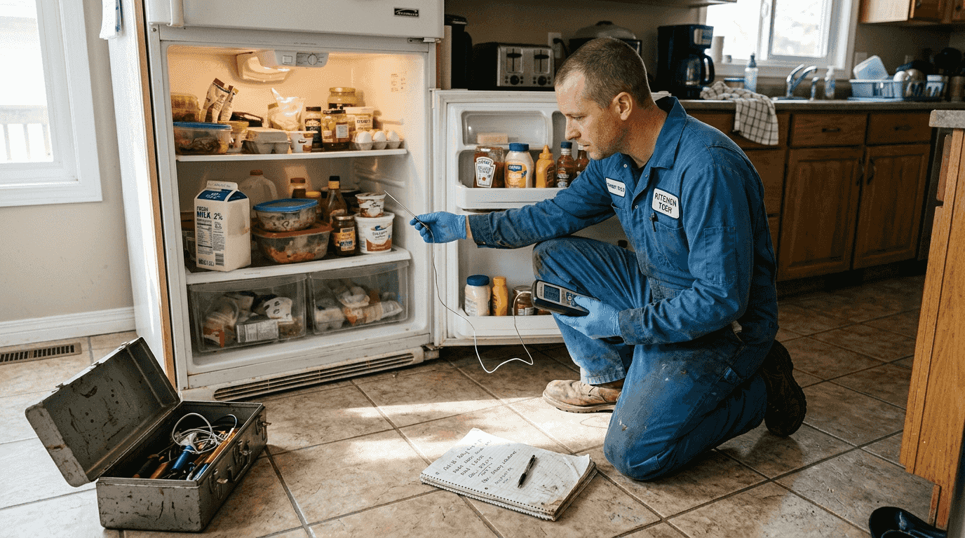 Technician checking refrigerator temperature calibration