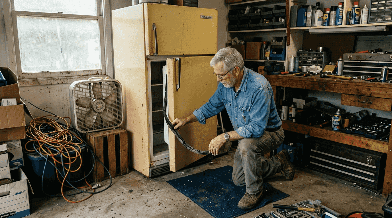 Man inspecting old refrigerator in garage