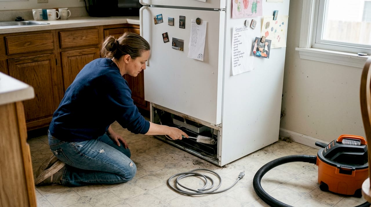 Homeowner brushing dust from refrigerator coils