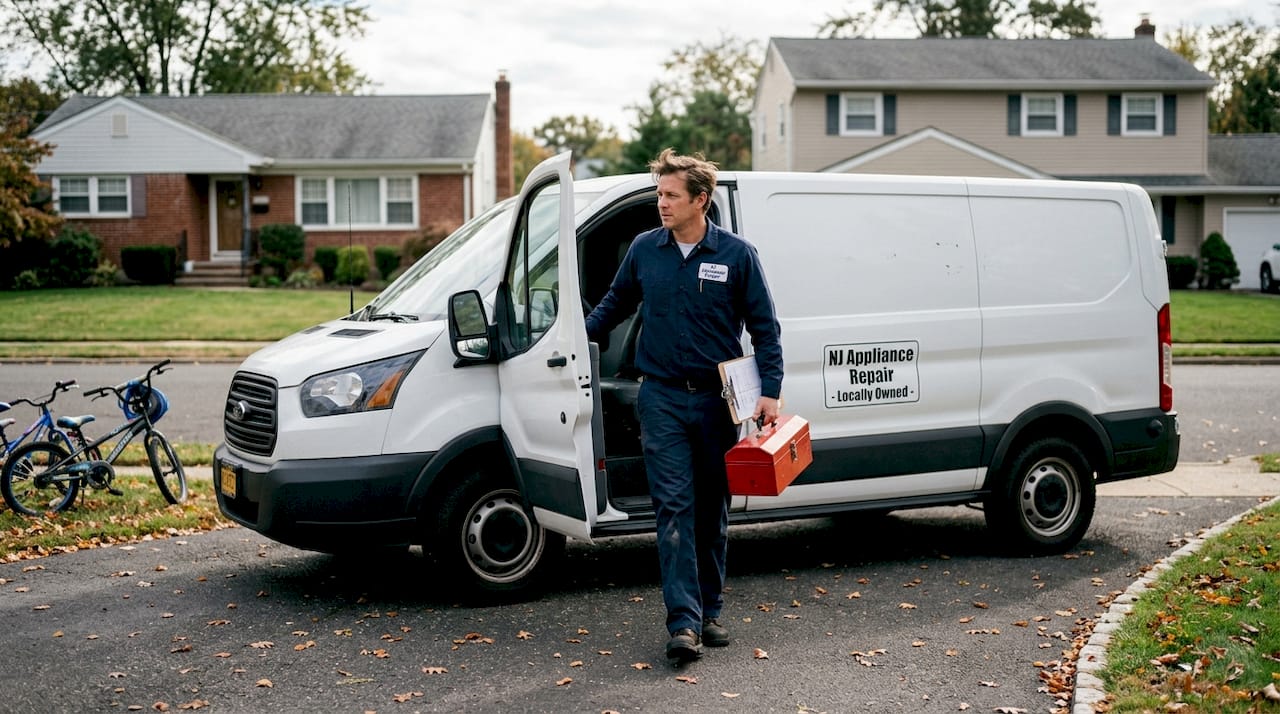 Repairman exiting van in residential driveway