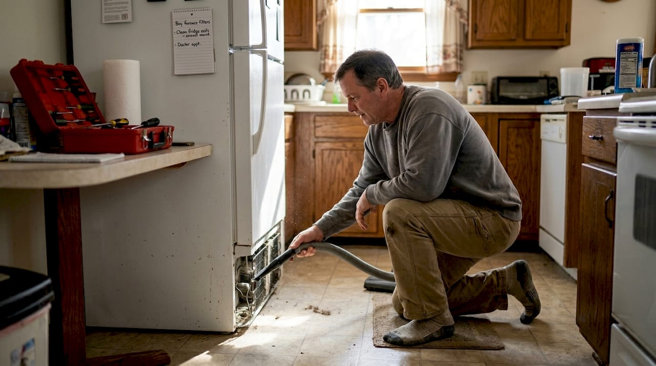 Man vacuuming refrigerator coils at home