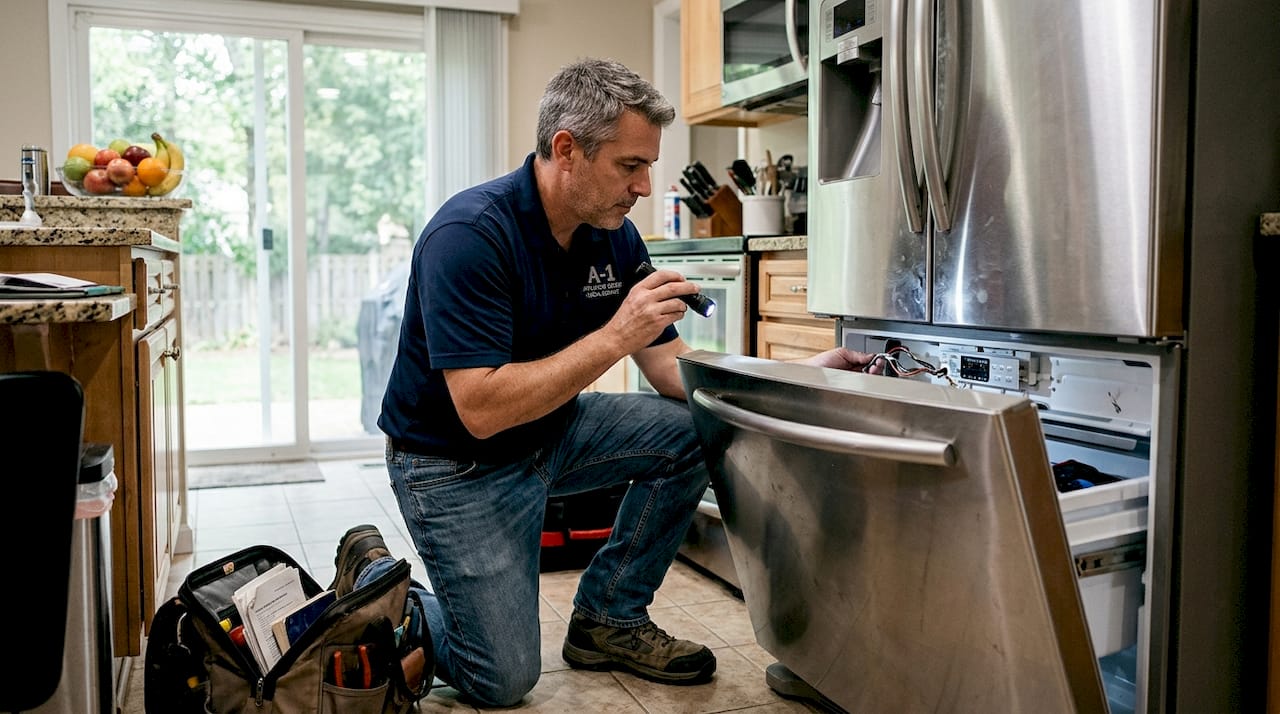 Technician inspecting smart fridge wiring