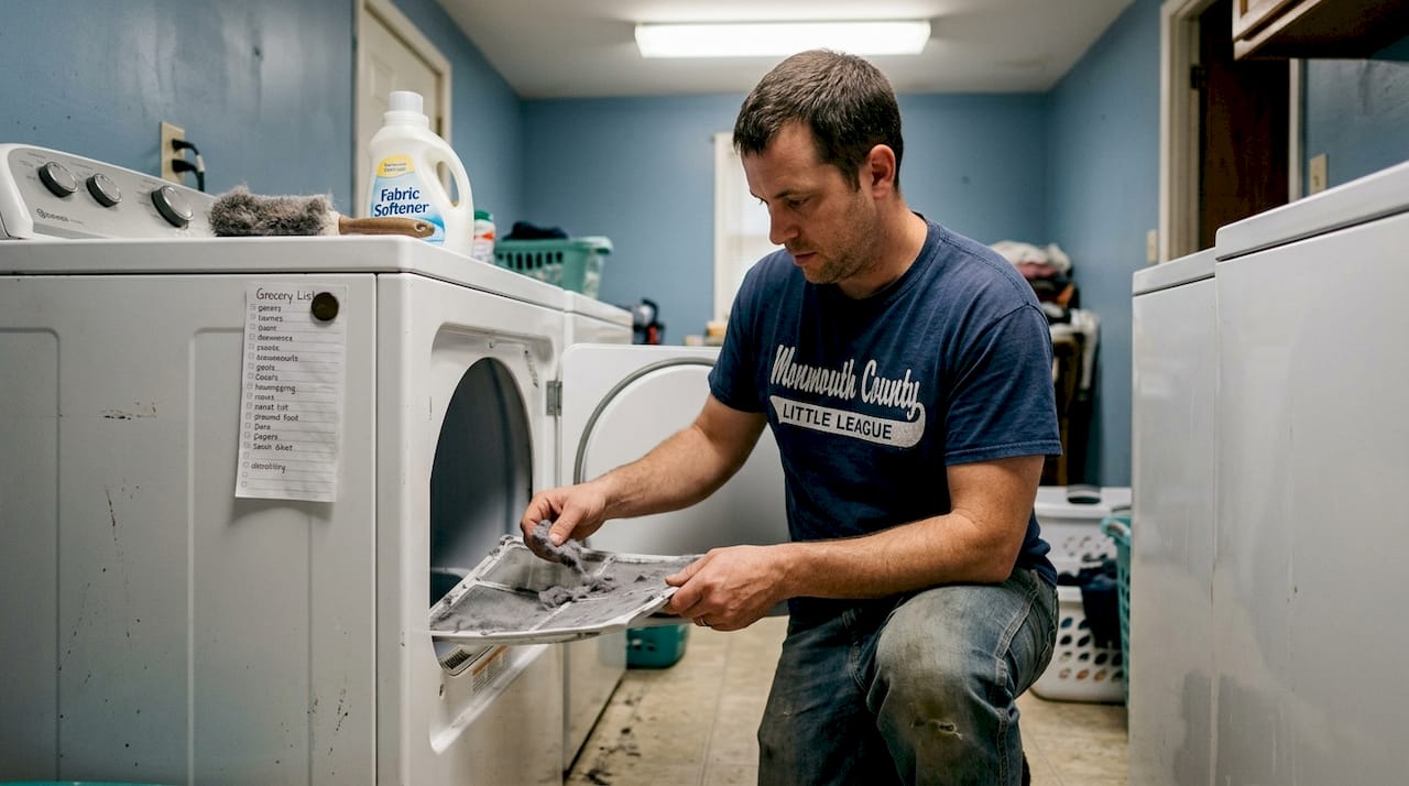 Man cleaning lint trap in laundry room