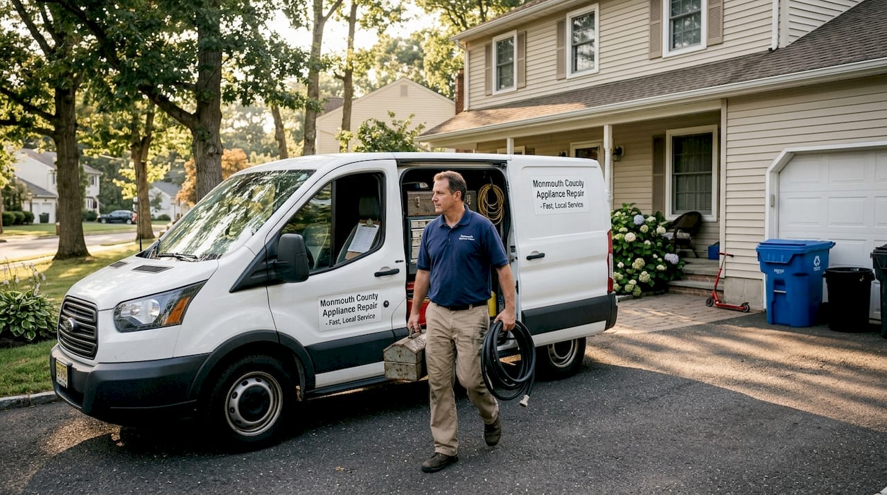 Repair van in driveway, technician approaching home