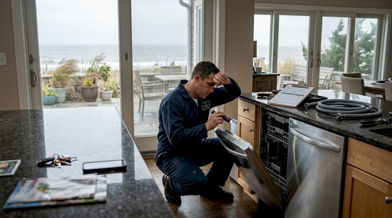 Technician working on dishwasher in coastal home