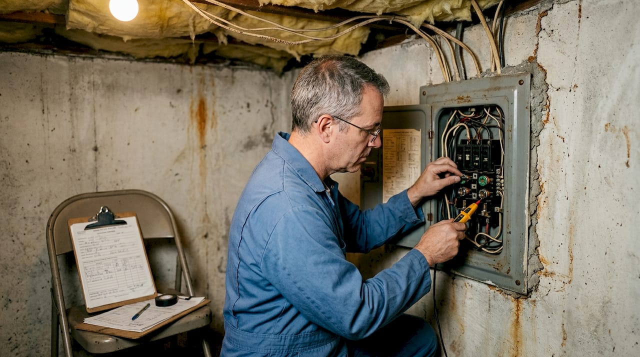 Electrician inspecting old fuse box wiring basement