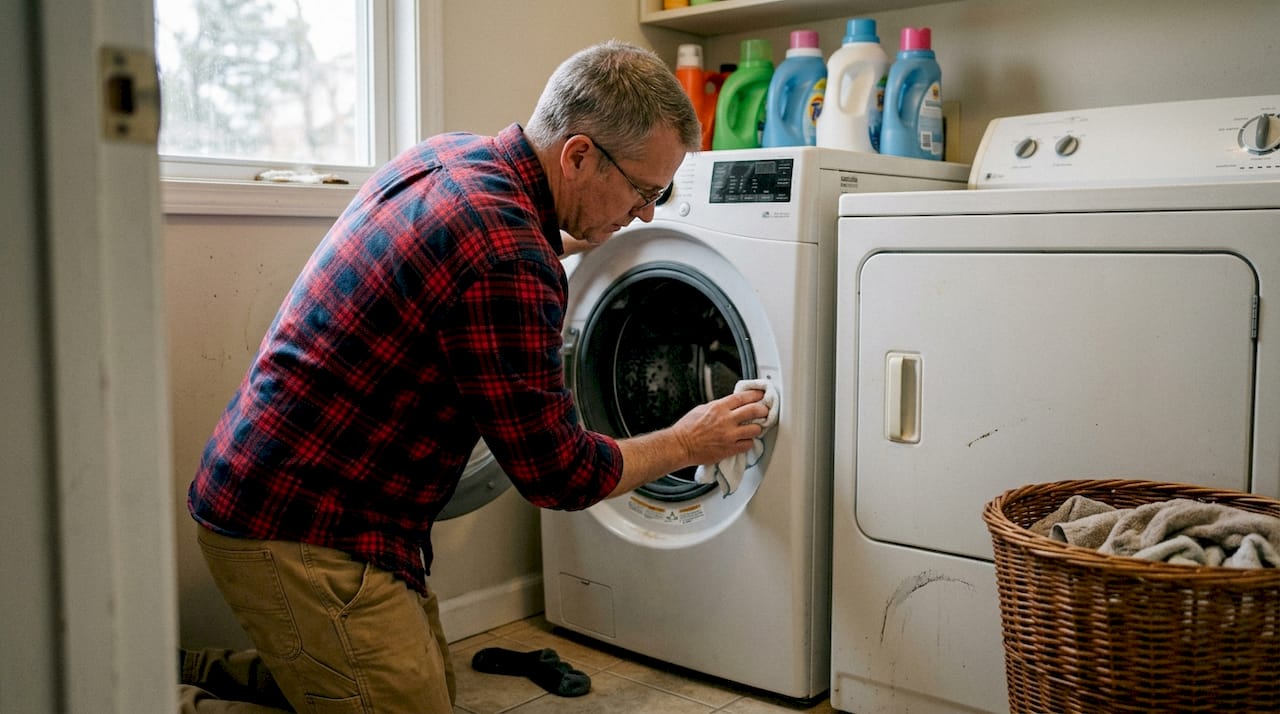 Man cleaning washer door seal in laundry room