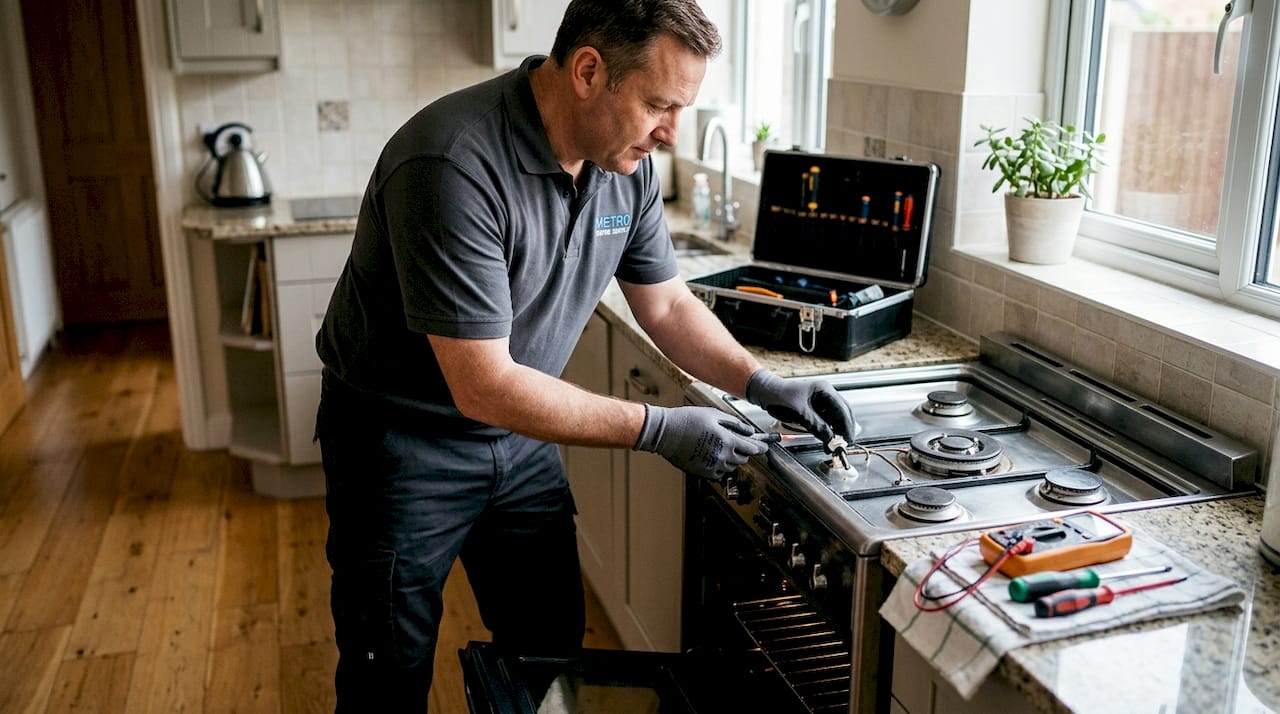 Technician repairing gas oven igniter
