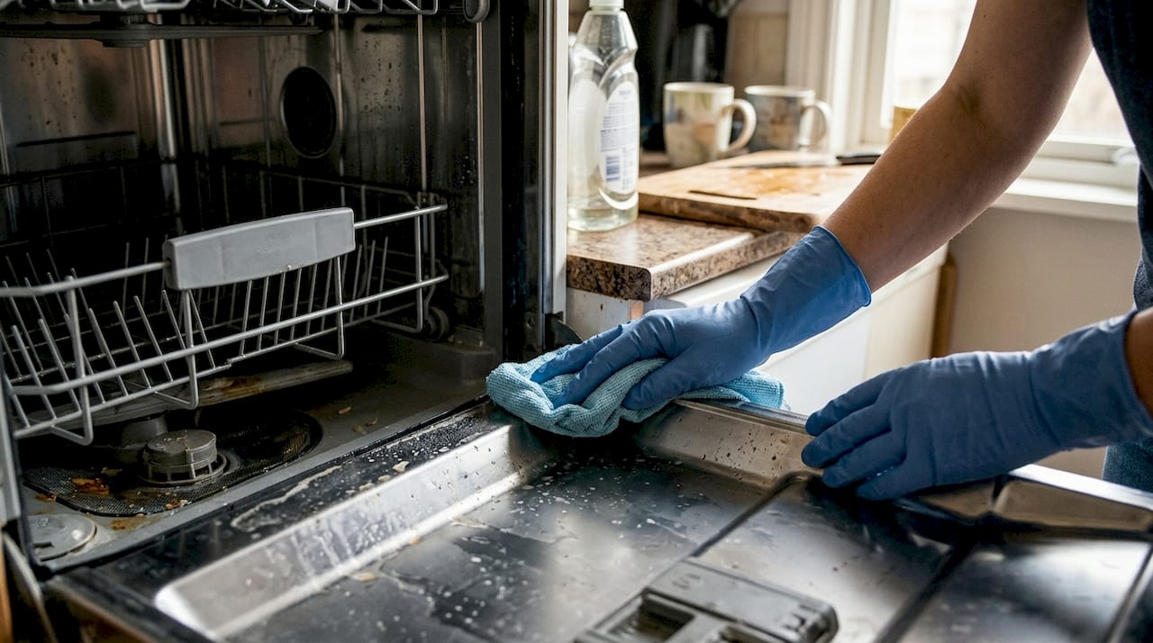 Hands cleaning dishwasher door gasket