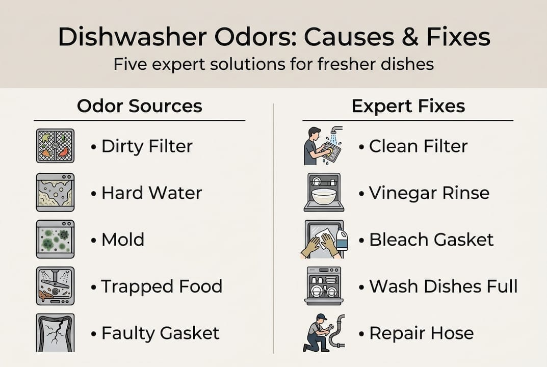 Infographic with dishwasher causes and fixes