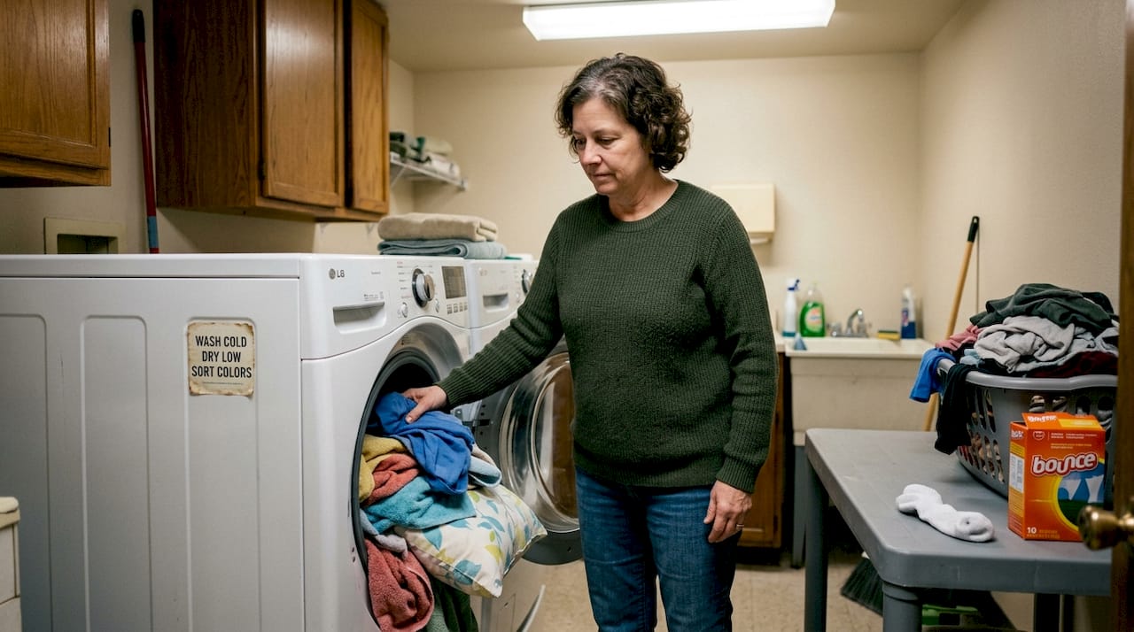 Person overfilling washing machine in laundry room