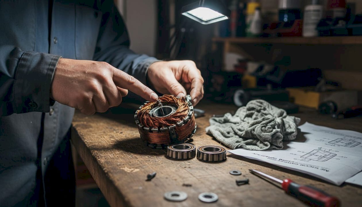 Worn motor windings and bearings being inspected