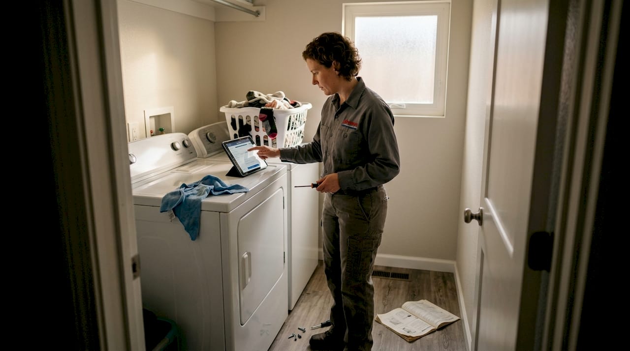 Technician prepares dryer after failed DIY repair