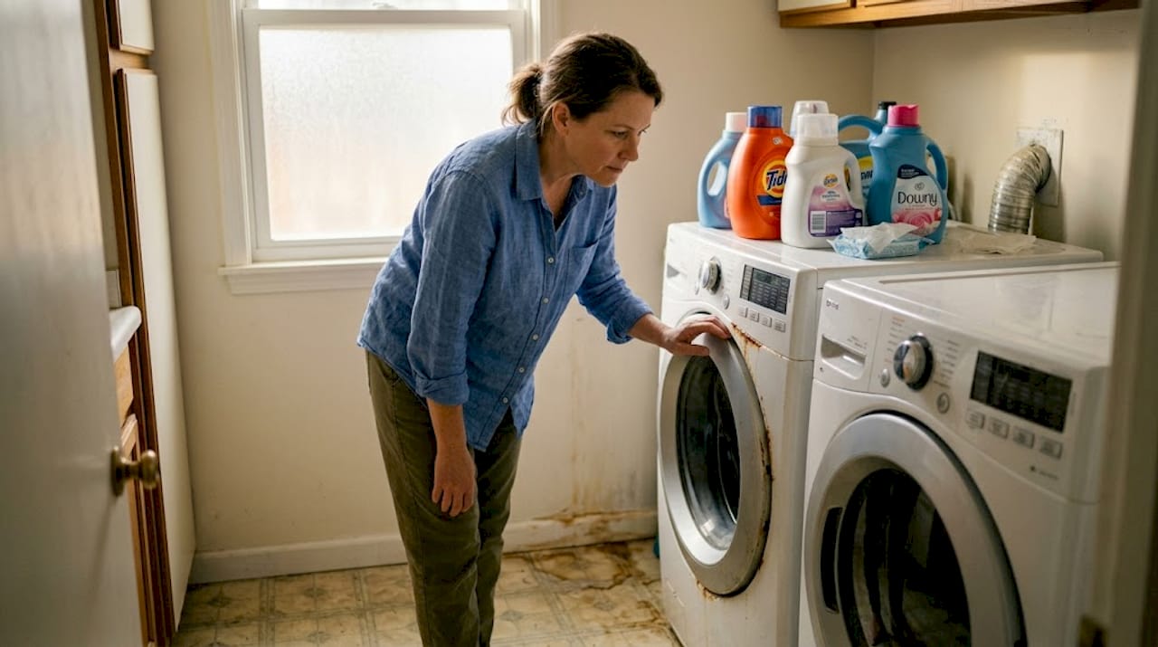 Inspecting rust on washer in laundry room