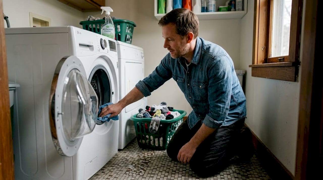 Person cleaning washing machine door gasket