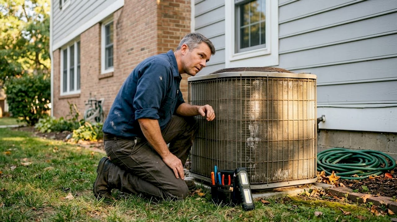 Technician listening to AC unit in summer