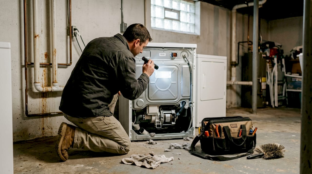 Technician checks washing machine for corrosion