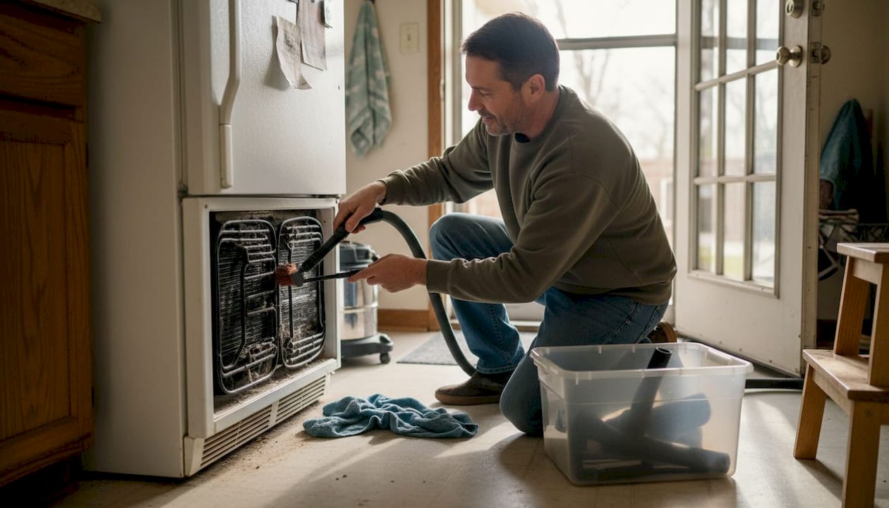 Homeowner cleaning fridge coils in kitchen
