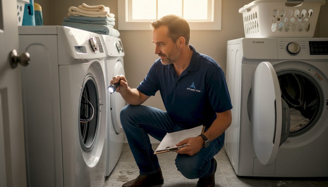 Technician inspecting washing machine back panel