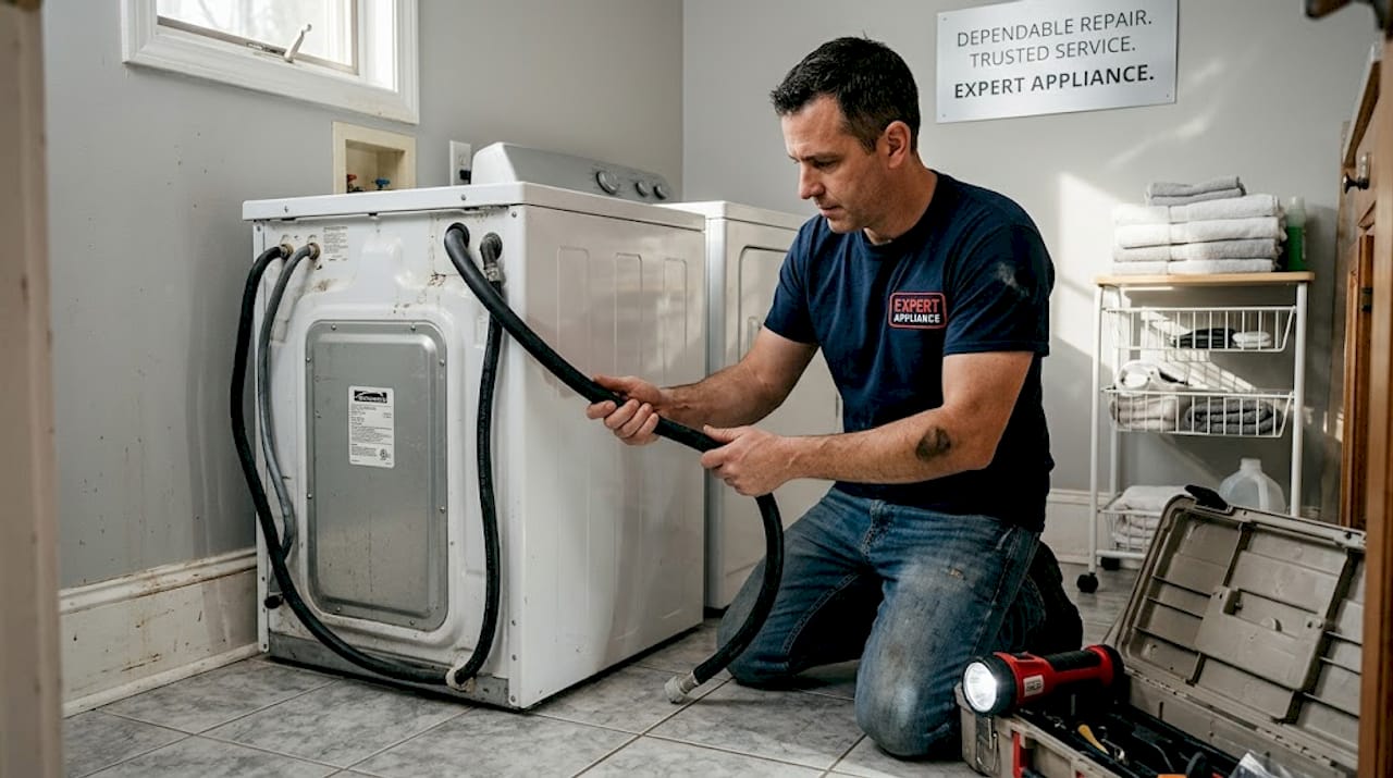 Man inspecting washing machine hoses in laundry