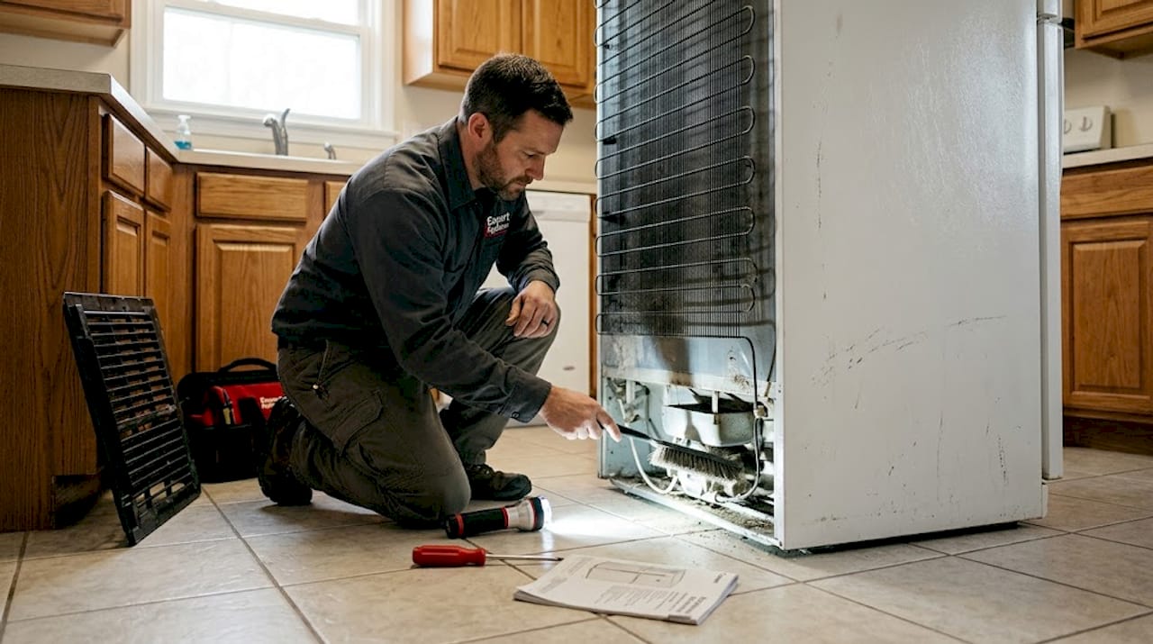 Cleaning refrigerator coils behind kitchen fridge