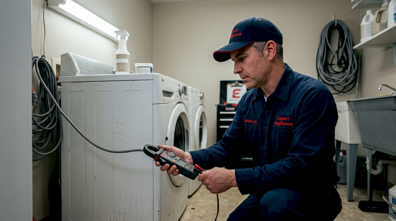 Technician measuring washing machine electrical safety
