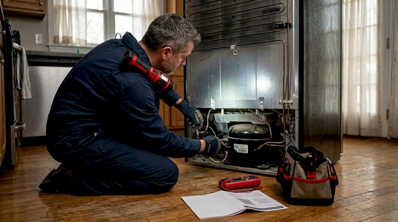 Technician inspecting fridge compressor in kitchen