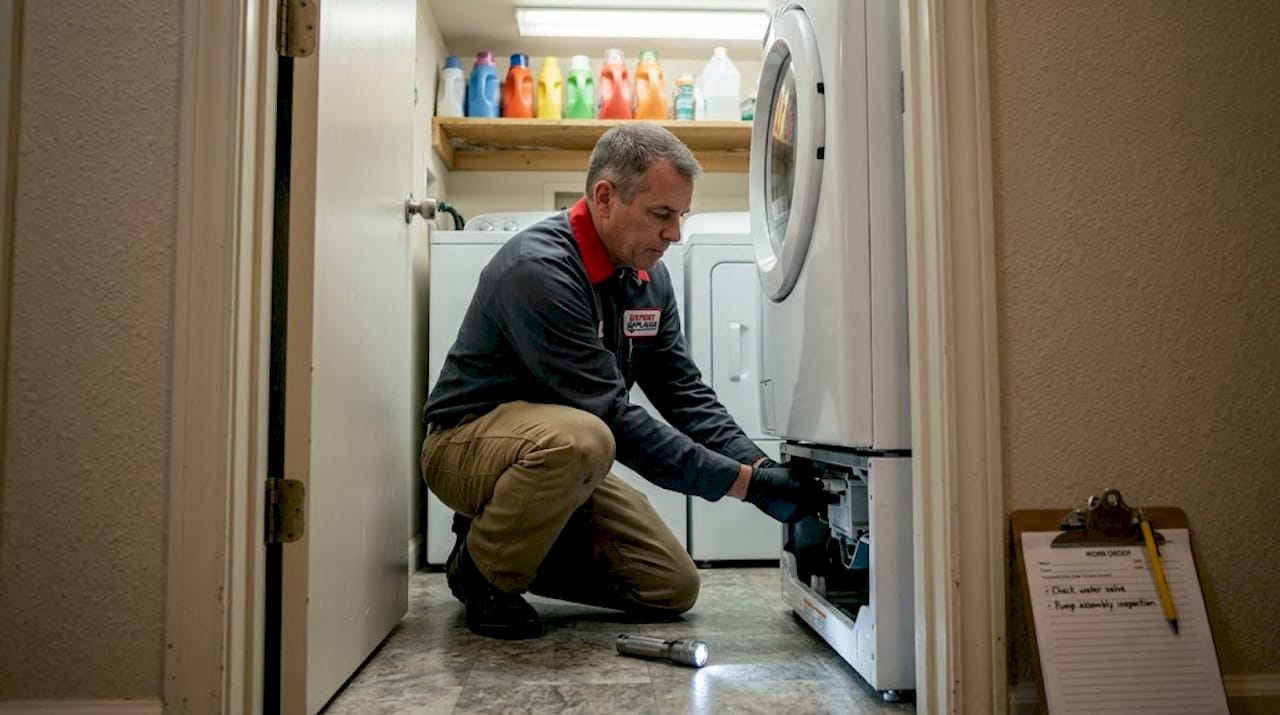 Technician inspects washing machine in laundry room