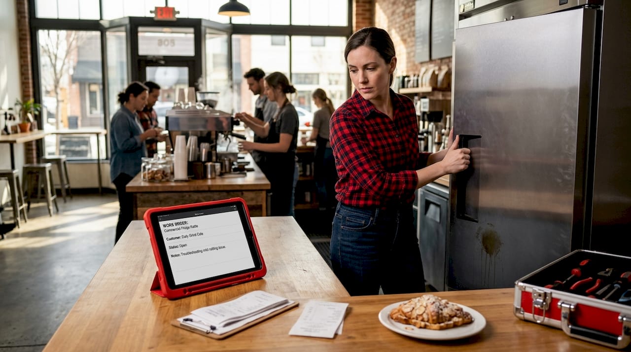 Café manager checking faulty refrigerator