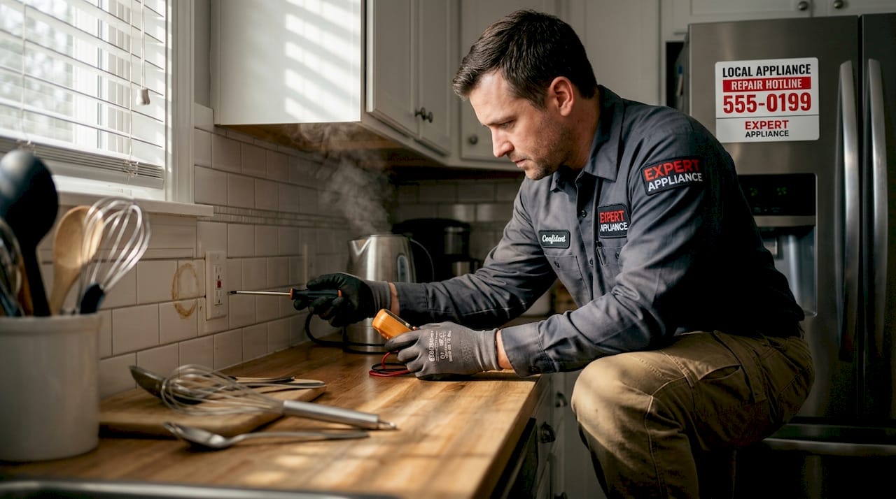 Electrician inspects GFCI breaker in kitchen