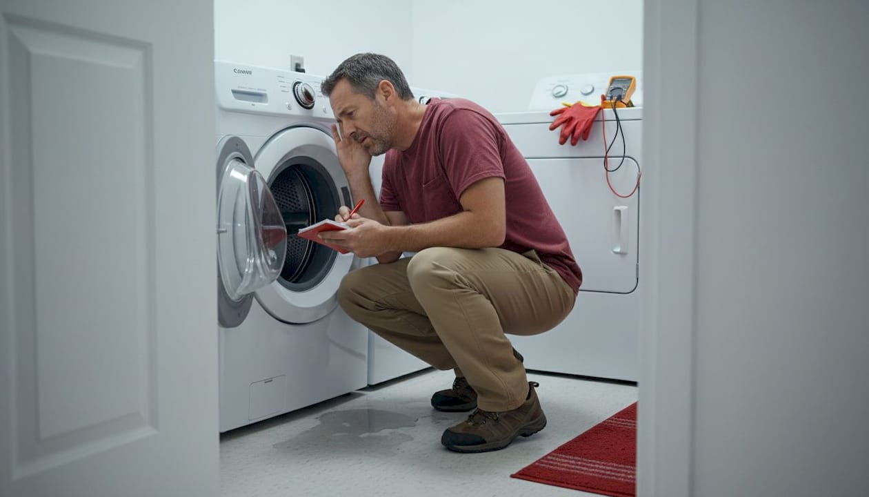 Man checking washing machine for failure signs