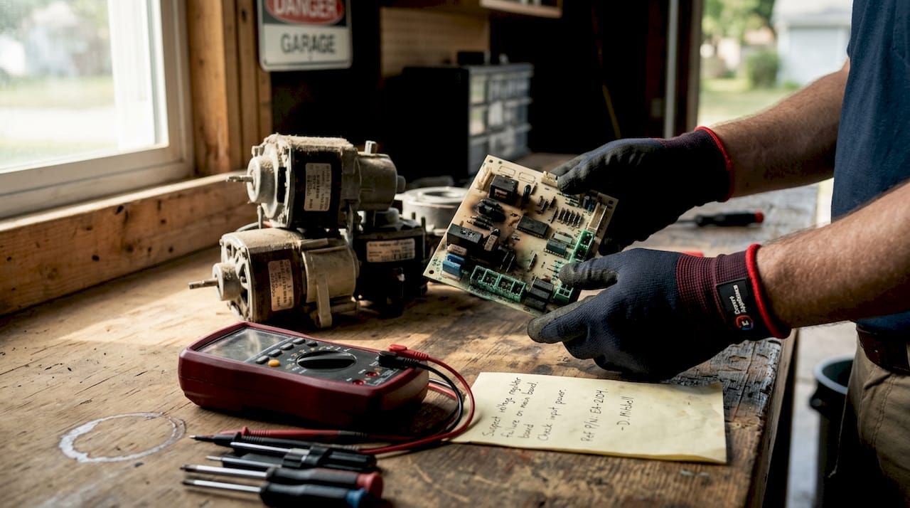Burned circuit board on workbench