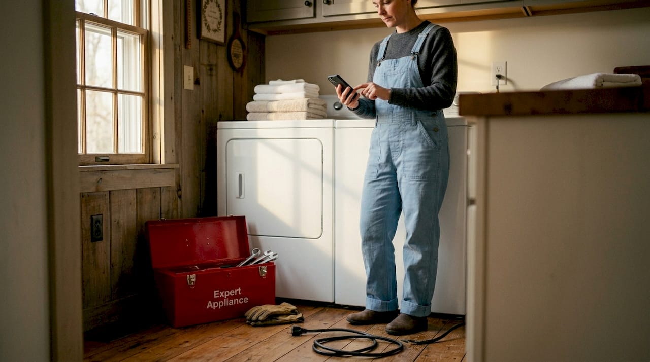 Woman waits with unplugged dryer and toolkit