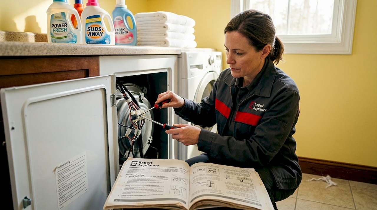 Local repairwoman inspects washing machine panel