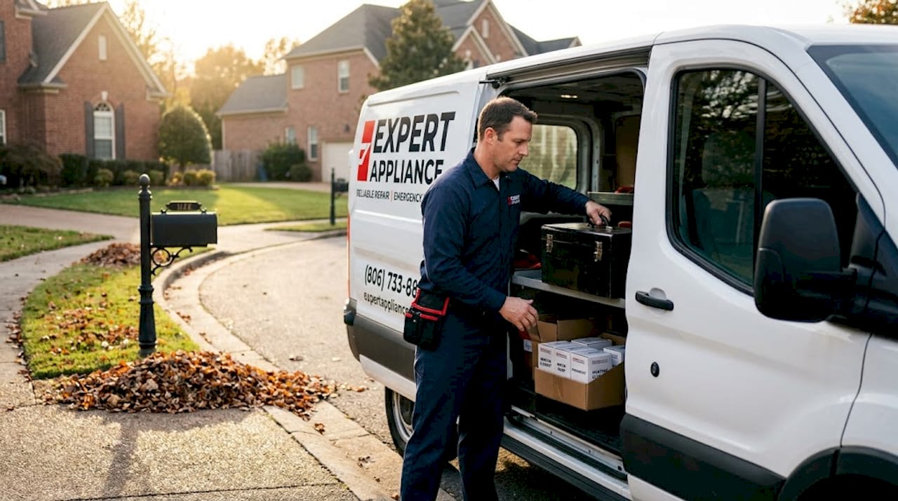 Technician loading toolbox and parts into van