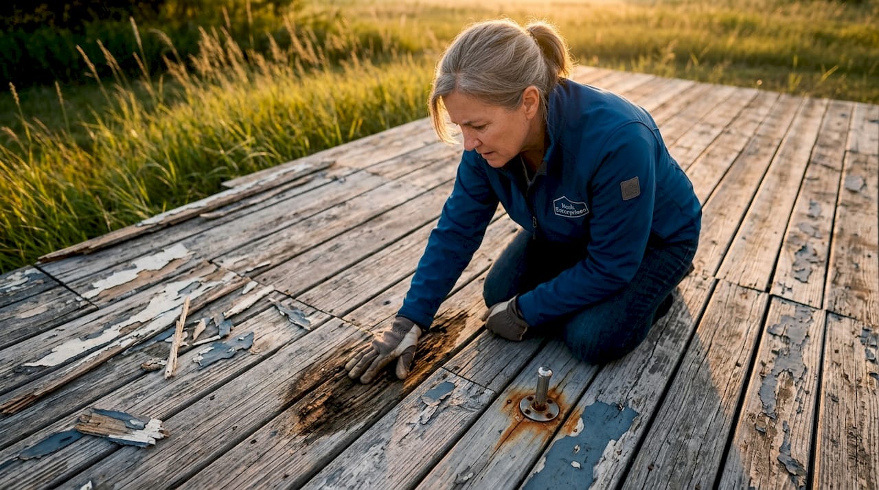 Homeowner checks deck for salt air damage