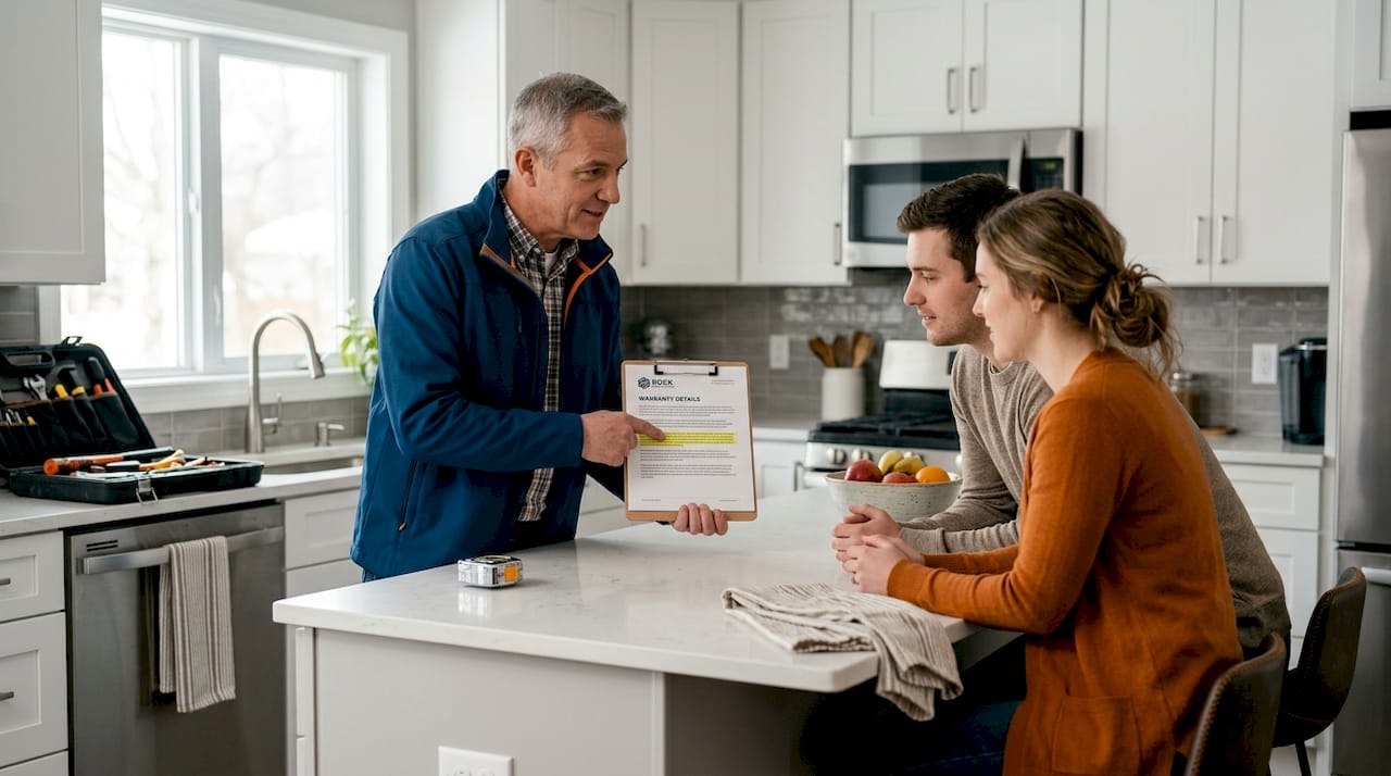 Contractor discussing warranty details in client's kitchen