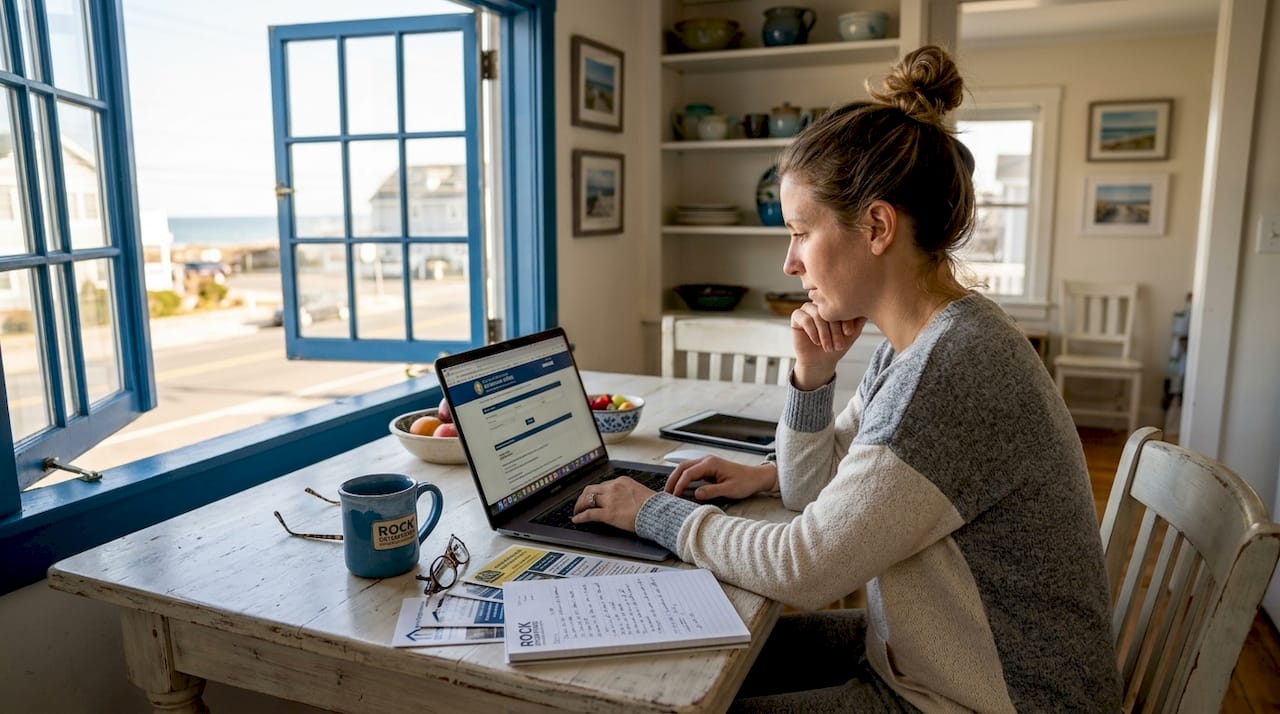 Homeowner verifying contractor license online at kitchen table